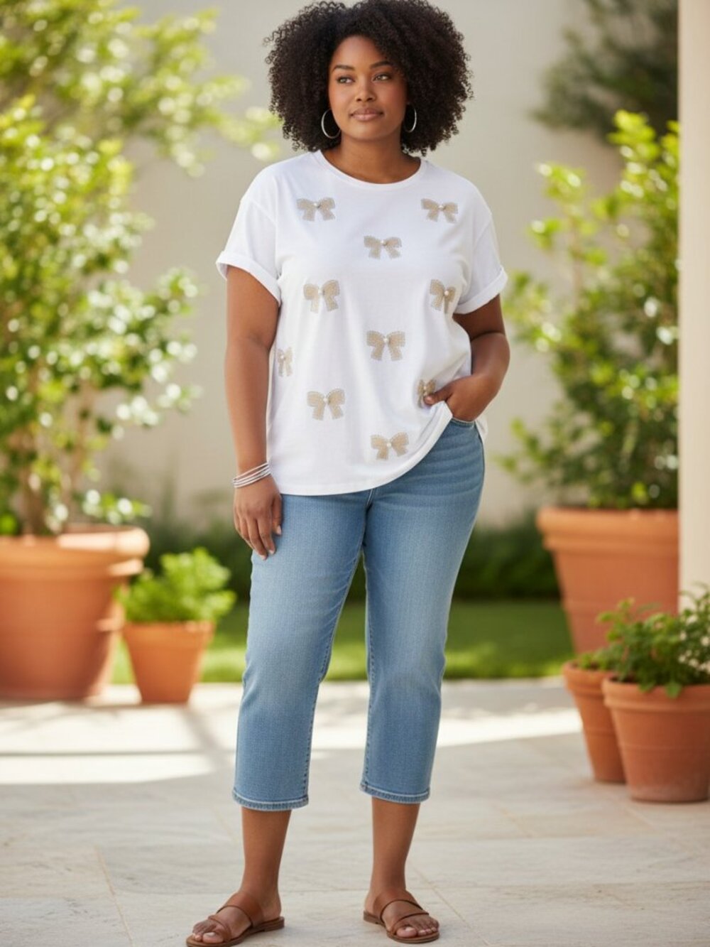 Ontwelfth Bow T-Shirt Women Large White Excellent Pearl Rhinestone‎ Embellished